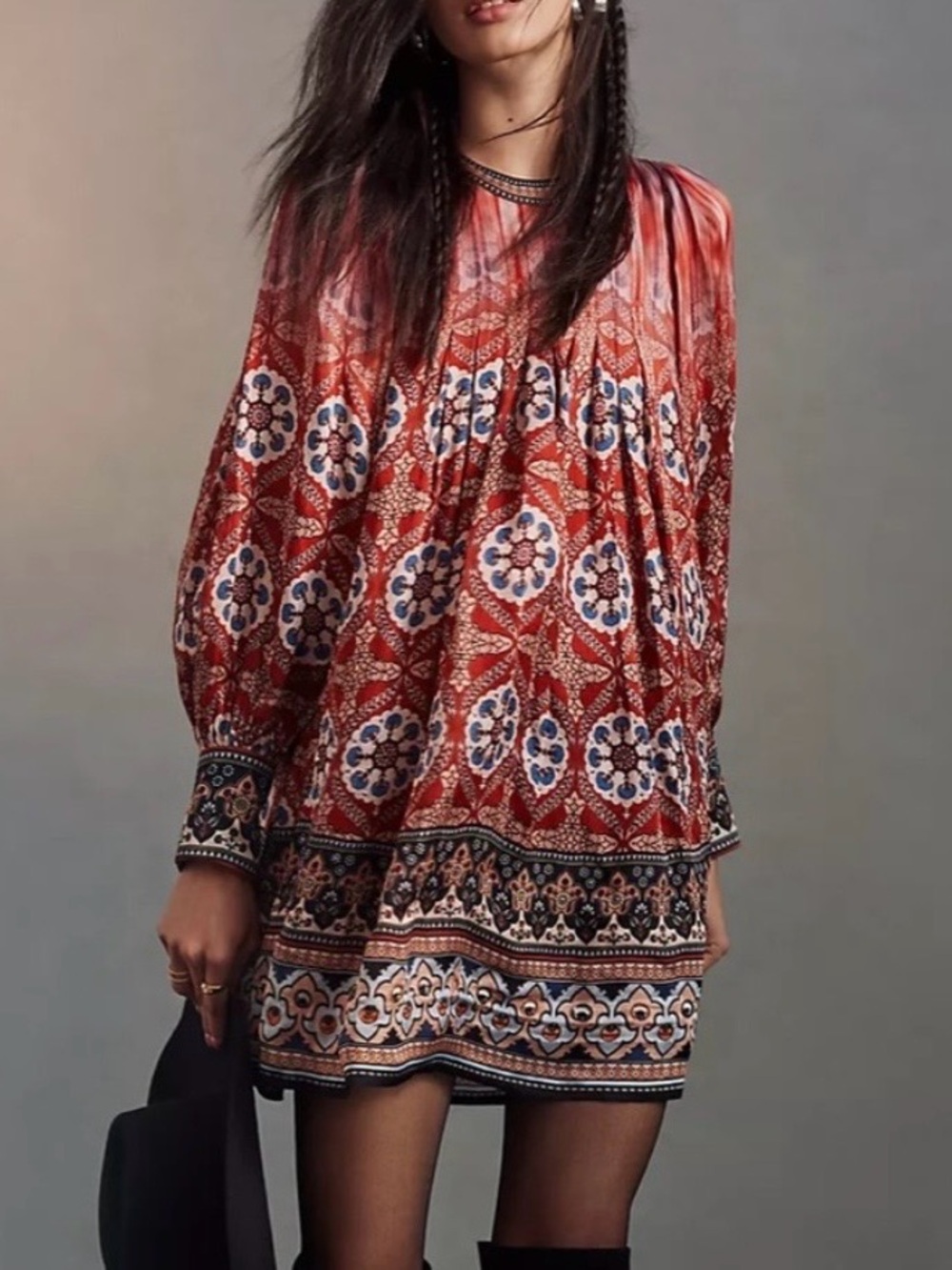 Anthropologie Tanvi Kedia Agatha Boho Tunic Mini Dress Scarlet Pink M